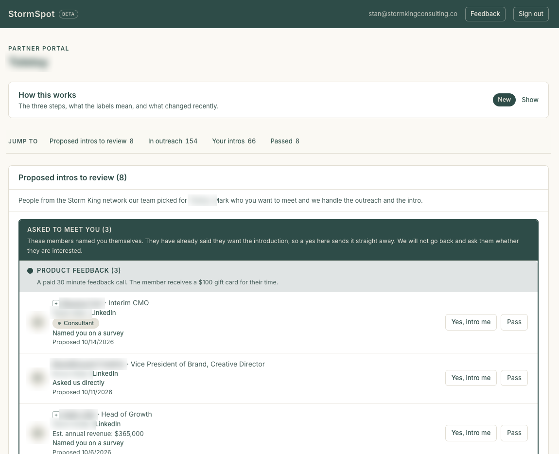 Storm Spot partner portal showing intro requests to approve
