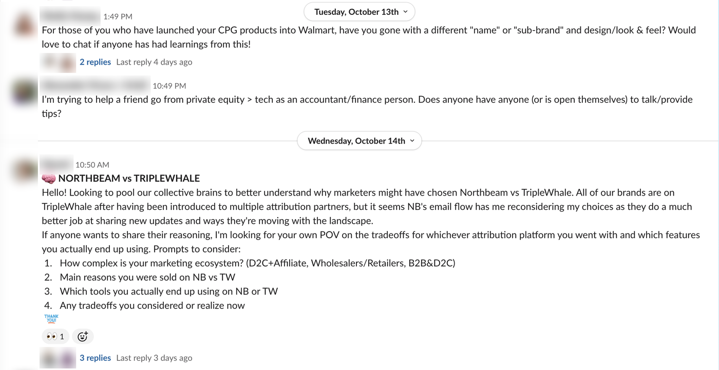 Screenshot of the #askanything channel in the Storm King member Slack, with member names blurred